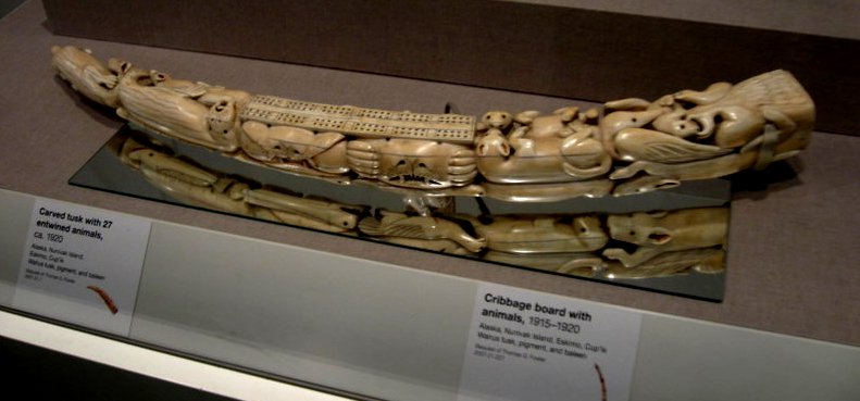 Walrus tusk cribbage board, Alaska