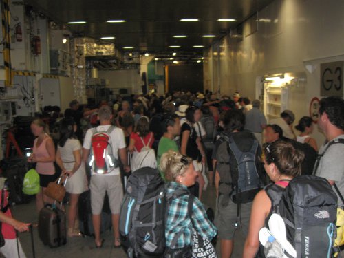 Backpackers on a Greek island ferry