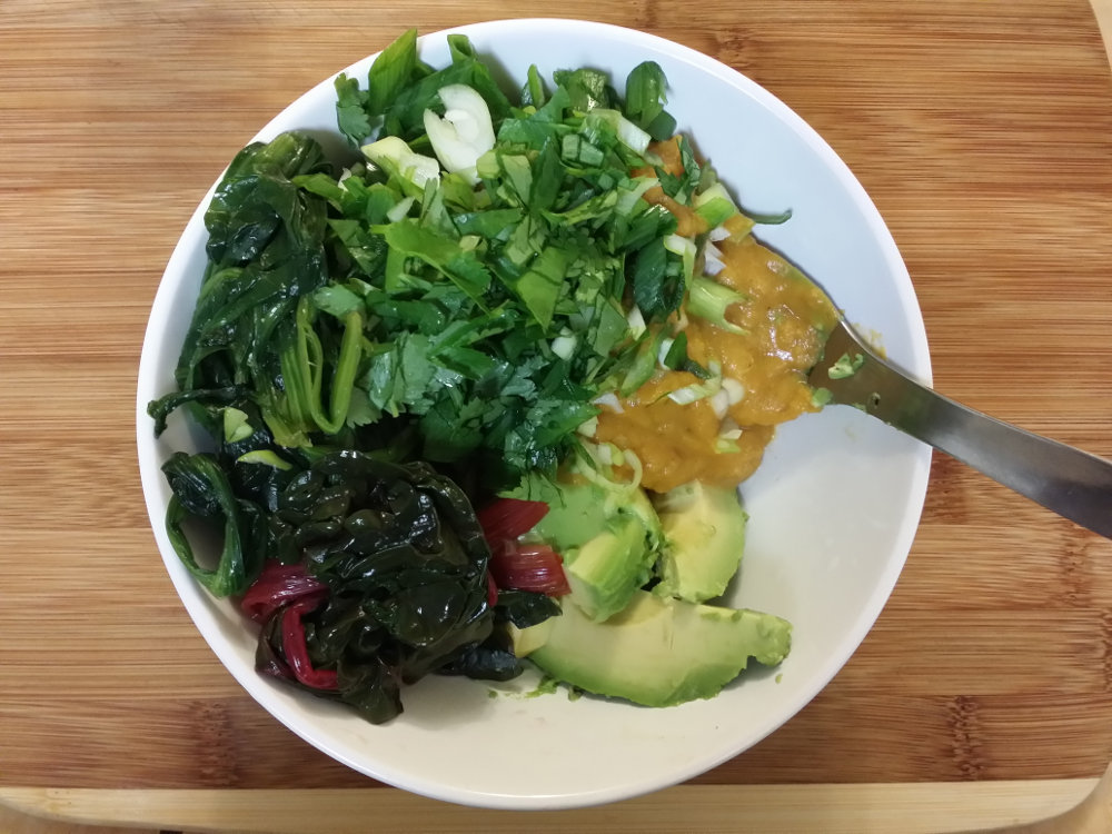 Squash, greens, avocado